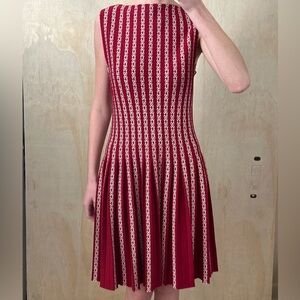 ALAIA Red and White Pleated Jacquard Striped Midi-Dress